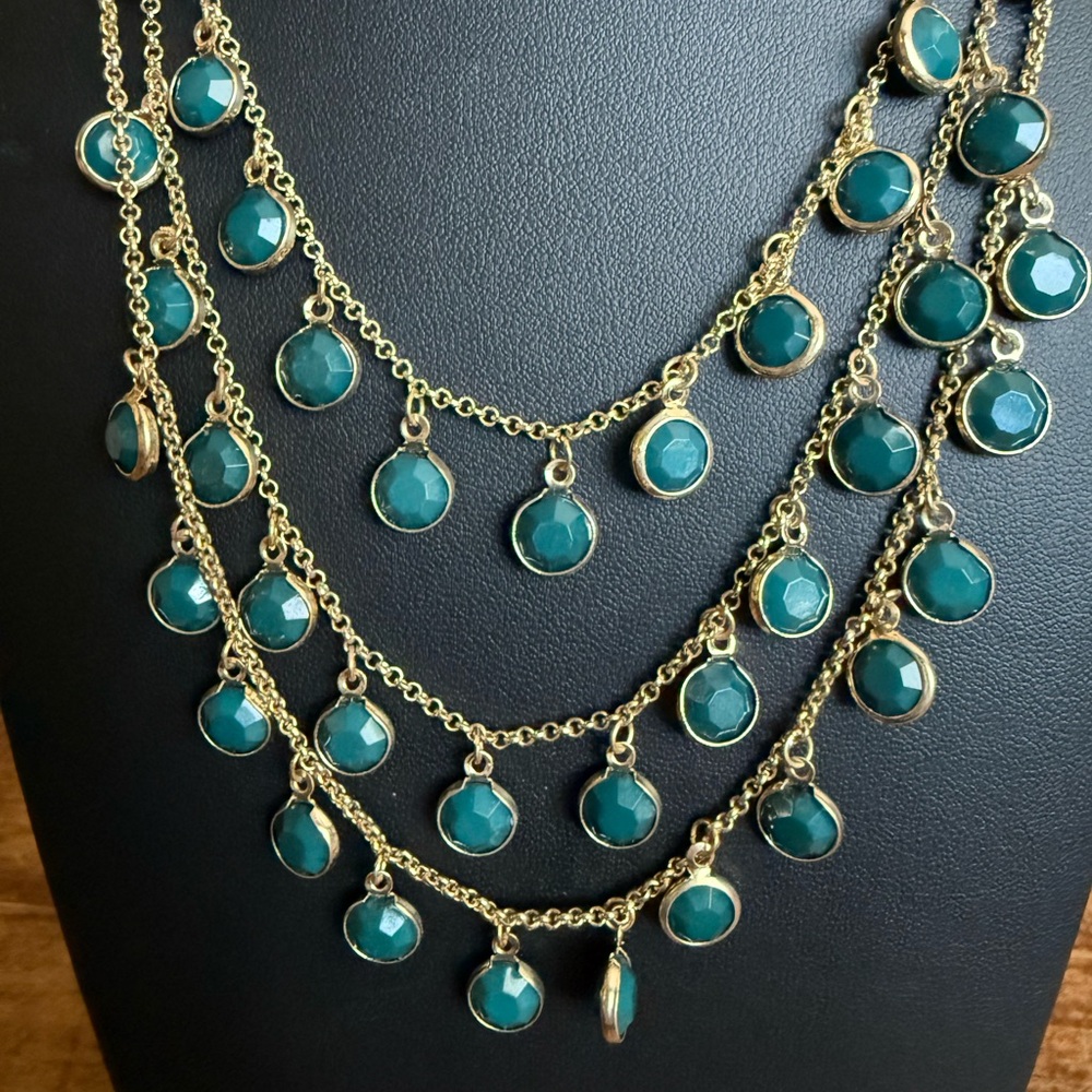 Gold and Green Multi-Layered Necklace with Gemstones
